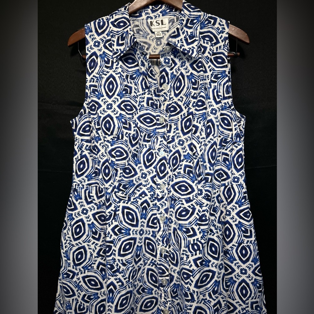 Vintage KSL Karin Stevens Sleeveless Button Down Geometric Blue Dress Size 16 - Picture 5 of 13